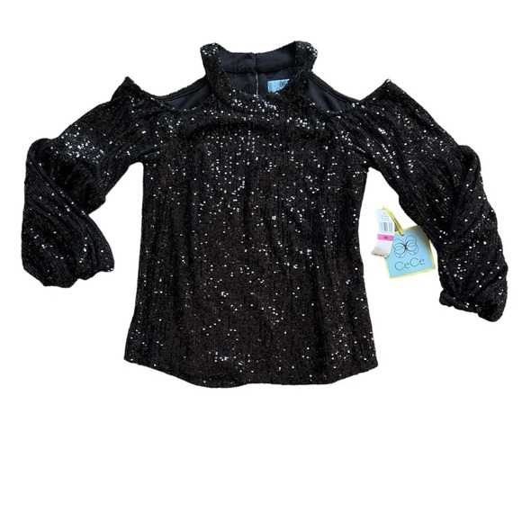 New with tags xxs Cece back sequin cold shoulder blouse puff sleeves gorgeous - Picture 3 of 4